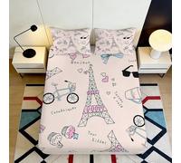 Drap-Housse Paris 3D Imprimé Microfibre Douce Profondeur Élastique Housse de Matelas Style Parisien Antidérapant pour Chambre Maison 140x200x25cm
