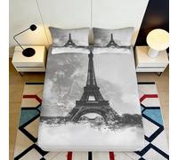 Drap-Housse Paris 3D imprimé Microfibre Poche Profonde Antidérapant Protection Matelas Paris Mattress Fitted Cover Lavable Chambre Maison 140x200x25cm