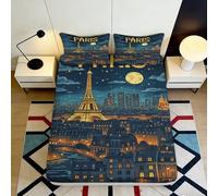 Drap Housse Paris Nuit 3D Imprimé Microfibre Grande Profondeur Drap de Matelas Paris Antidérapant pour Chambre et Protection Literie 160x200x25cm