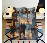Drap Housse Paris Nuit Impression 3D Microfibre Poche Profonde antidérapant Ensemble literie Chambre Paris Housse Matelas Lavable 160x200x25cm