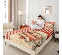 Drap-housse Père Noël pour enfants - Décoration de chambre « Merry Christmas Happy New Year » - Rayures géométriques - Draps de lit pour garçons et filles - Rouge et beige - 2 taies d'oreiller (sans