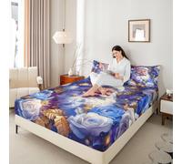 Drap-housse Père Noël pour enfants - Motif « Merry Christmas Happy New Year » - Pour garçons et filles - Décoration de chambre à coucher - Bleu - 2 taies d'oreiller (sans plat)