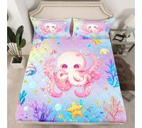 Drap-housse pieuvre rose taille S - Belle housse de matelas Sealife Coral aquarelle pour chambre à coucher - Bleu violet - Impression sirène - Housse de couette en polyester (pas de top feuille), 1