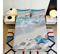 Drap Housse Plage Coquillages 3D imprimé Microfibre décor étoile de mer protège-Matelas antidérapant Lavable Chambre Adulte ado 90x200x25cm