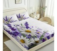 Drap Housse Plante Lavande Marguerite imprimé, Housse de Matelas Protège en Blanc Microfibre, avec Bonnet 30cm Antidérapants Résistant aux Rides 160x200 cm, avec Taies d'oreillers