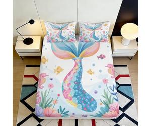 Drap-Housse Queue de Sirène en Microfibre 3D Printed Protège-Matelas Antidérapant Lavable Décor Chambre Cadeau Polyvalent 90x200x25cm