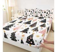 Drap-housse sapin de Noël pour très grand lit (sans plat), parure de lit 3 pièces avec imprimé étoiles dorées, décoration de chambre pour filles, garçons, femmes, draps de lit roses et noirs à pois