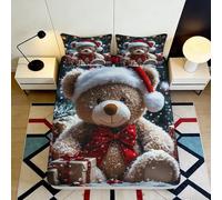 Drap-Housse Ted Noël 3D imprimé Microfibre Poche Profonde antidérapant Parure Teddy Bear Mattress Fitted Cover Lavable Protection Matelas 90x200x25cm