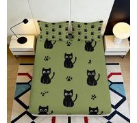 Drap-Housse Vert à Motif Black Cat Impression 3D Microfibre Cartoon Paw Protection Matelas antidérapant Lavable Chambre Maison 90x200x25cm