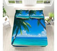 Drap-Housse Vue sur La Mer Palmiers imprimé 140x190cm Poches Profondes de 30 cm - Drap-Housse Facile d'entretien Microfibre Douce - Résistant au rétrécissement décoloration