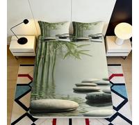 Drap Housse Zen Bambou 3D Imprimé Microfibre Grande Profondeur Antidérapant Parure de Lit Sérénité Housse Matelas pour Adulte 90x200x25cm