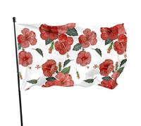 Drapeau 0,9 x 1,5 m Bannière décorative d'extérieur Grand Fleur d'hibiscus rouge Feuilles vertes Drapeau amusant Couleur vive en sai
