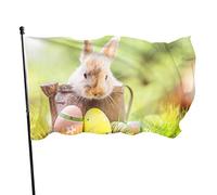 Drapeau 0,9 x 1,5 m Bannière décorative d'extérieur Grand Lapin marron et œufs de Pâques colorés Drapeau amusant Couleur vive en sai