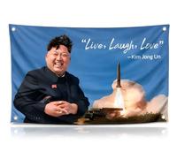 Drapeau 100% polyester léger de 0,9 x 1,5 m, « Live Love Laugh, Kim Jong-un », quatre œillets en laiton, amusant et tendance, une seule face, décoration de chambre, intérieur et extérieur