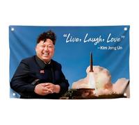 Drapeau 100% polyester léger de 0,9 x 1,5 m, « Live Love Laugh, Kim Jong-un », quatre œillets en laiton, amusant et tendance, une seule face, décoration de chambre, intérieur et extérieur