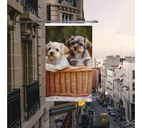 Drapeau 2 chiens dans un panier - 0,9 x 1,5 m - Durable - Avec œillets - Grande bannière de vacances pour l'extérieur et l'intérieur - Décoration d'intérieur