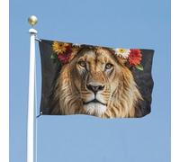 Drapeau 35x59 pouces Lion africain portant une fleur sur la tête Drapeau de maison Bannière de vacances amusante Drapeau d'extérieur vertical double face Drapeau de jardin d'été avec œillets en lai