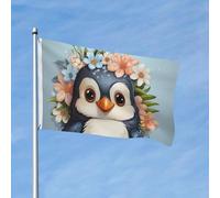 Drapeau 90 x 150 cm - Décoration de jardin - Bannière robuste - Pingouin portant des fleurs - Bannière d'extérieur avec 2 œillets - Drapeaux de bienvenue pour les vacances en toutes saisons