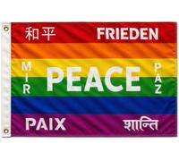 Drapeau à devise 90 x 150 cm, polyester, résistant aux UV, 2 œillets métalliques, cousu (Peace 7 langues)