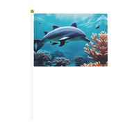 Drapeau à main, beau monde sous-marin dauphins corail imprimé drapeaux polyester avec mât en plastique pour événements et décoration
