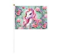 Drapeau à main imprimé double face licorne rose 14 x 20,8 cm, adapté pour les activités d'équipe encourageant