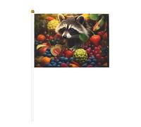 Drapeau à main imprimé double face raton laveur parmi les fruits 14 x 20,8 cm, adapté pour les activités d'équipe encourageant