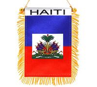 Drapeau à suspendre de fenêtre Haïti 4 X 6 pouces Anley - Rétroviseur et double face - Mini bannière haïtienne à franges avec ventouse