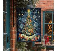 Drapeau abstrait de maison d'arbre de Noël 71,1 x 101,6 cm pour l'extérieur, arbre de Noël psychédélique magique vertical standard en lin, drapeau de maison, vacances du Nouvel An, cour, arrière-cour