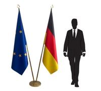 Drapeau Allemagne et Union Européenne avec pied et mâts - ensemble officiel diplomatique pour cérémonies, universités et écoles. Pied Ø 360mm, inox finition dorée, mâts pointe lance. Code CN8-EU-DE-L