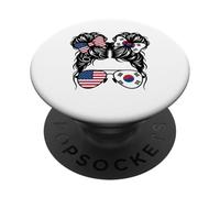 Drapeau américain américain et Chignon désordonné de la Corée du Sud PopSockets PopGrip Adhésif