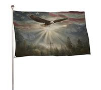 Drapeau américain avec aigle volant des montagnes et arbres - 91 x 152 cm - Bannière décorative pour cour, porche, pelouse, ferme