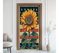 Drapeau Américain Effet 3D Sticker Porte, Fleur Soleil Vintage Papier Autocollant Porte Mural Décoration, Jour de L'Indépendance Patriotique Stickers Muraux Amovible PVC 77x200 cm