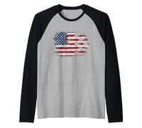 Drapeau américain Patriotique Vieilli avec Silhouette de Jet de Chasse Manche Raglan