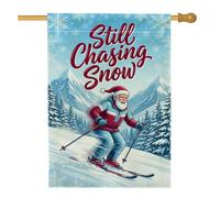 Drapeau amusant avec citation du Père Noël 71 x 101 cm | Père Noël de ski, drapeau de cour, montagnes enneigées, paysage d'hiver, humour de vacances, décoration de cour saisonnière