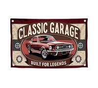 Drapeau amusant de 0,9 x 1,5 m avec voiture cool et citation « Garage classique construit pour les légendes » avec quatre œillets en laiton - Drapeaux muraux décoratifs en polyester pour chambres