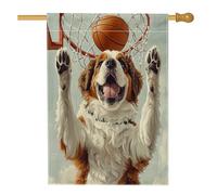 Drapeau amusant de maison de chien de Saint-Bernard 71 x 101,6 cm double face pour extérieur, basket-ball, sport, chiot en toile verticale, drapeau imprimé mignon et amusant pour animal de compagnie