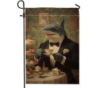 Drapeau amusant de requin pour le thé, le jardin, requin bleu avec nœud papillon, bannière de décoration d'intérieur, drapeau double face en toile de jute pour décoration de pelouse de vacances en