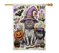 Drapeau amusant pour maison de chat britannique graffiti d'Halloween à poil court, 71,1 x 101,6 cm, double face pour décoration extérieure, sorcière effrayante, drapeau de maison, chaudron extérieur