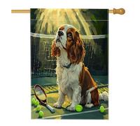 Drapeau amusant pour maison de chien Cavalier King Charles 71,1 x 101,6 cm double face pour décoration extérieure, tennis, sport, chiot - Drapeau de maison en toile - Motif mignon et amusant pour