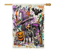 Drapeau amusant pour maison de chien graffiti caniche 71,1 x 101,6 cm double face pour décoration extérieure, sorcière effrayante en lin, chaudron extérieur, petit drapeau de pelouse