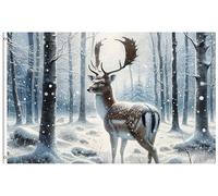 Drapeau Aquarelle de cerfs dans les arbres en hiver, chute de neige, faune