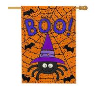 Drapeau araignée d'Halloween, orange Boo! Bannière décorative double face en toile de jute pour décoration de pelouse, fête de vacances, décoration de jardin 71 x 101,6 cm