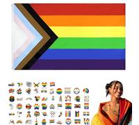 Drapeau arc en ciel drapeau Fierté Progressif Drapeaux (A-Progress Pride Flag+Sticker) Drapeau LGBT de Fierté Gay et Transgenre 150x90cm Autocollants Arc-en-ciel pour