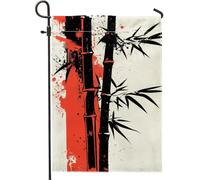 Drapeau asiatique de jardin en bambou, bannière décorative à l'encre zen rouge et noire, drapeau double face en toile de jute pour extérieur, décoration de pelouse saisonnière de vacances, 30,5 x 45,7
