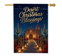 Drapeau avec citation de bénédiction de Noël du désert 71 x 101 cm | Thème du sud-ouest, drapeau de cour, chemin Luminaria, poinsettias en fleurs, ciel étoilé, cactus décoratif
