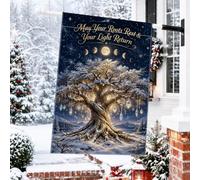 Drapeau avec citation du solstice d'hiver dans un arbre enneigé 71,1 x | Décoration de solstice d'hiver, drapeau de pelouse, phases de la lune céleste, cristaux brillants, bannière de cour