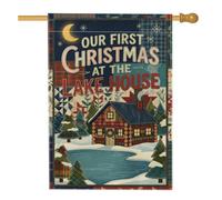 Drapeau avec citation « First Christmas At Lake » - 71 x 101 cm | Motif patchwork, drapeau de pelouse, pins, lac d'hiver, thème cabane rustique, sentiment pour les nouveaux propriétaires
