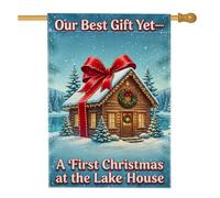 Drapeau avec citation « First Christmas At Lake » - 71 x 101 cm | Paysage d'hiver, drapeau de cour, ruban cadeau rouge, pins, paysage enneigé, souvenir de pendaison de crémaillère