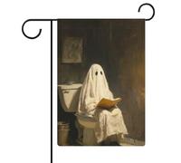 Drapeau blanc fantôme lisant sur la cuvette des toilettes, drapeau de jardin saisonnier, vacances saisonnières, toile de jute double face, drapeaux extérieurs 30,5 x 45,7 cm