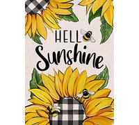 Drapeau Bonjour Soleil Printemps Été Tournesol Abeille Carreaux Buffalo Fleurs Bannière De Drapeaux Lavable Couleurs Resistant Exterieur Bannière, Pour Les Bureaux, Balcon, D'Intérieur, 30x45cm